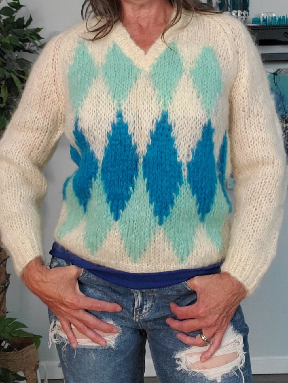 Vintage Italian Mohair Wool 50s/60s Argyle Sweater Grunge Cobain Harlequin